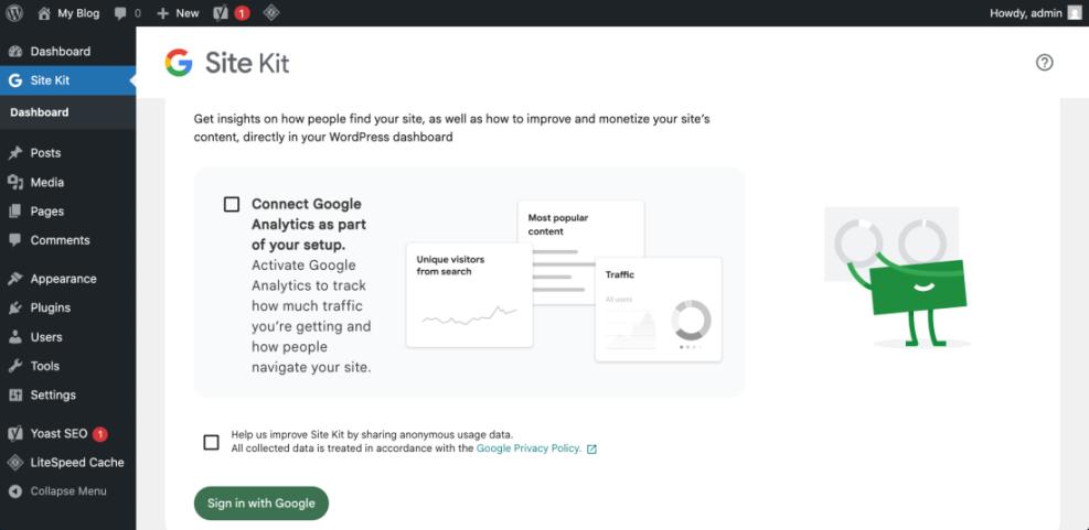 Google Site Kit plugin setup in WordPress dashboard, showing options to connect Google Analytics and display SEO data.