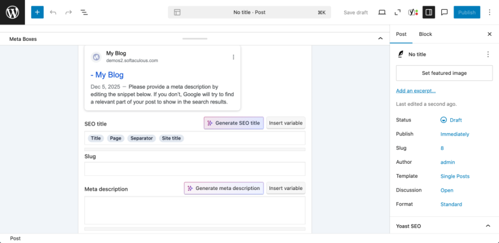 WordPress Gutenberg editor displaying the Yoast SEO meta box with fields for optimizing SEO title, slug, and meta description, including AI generation options.