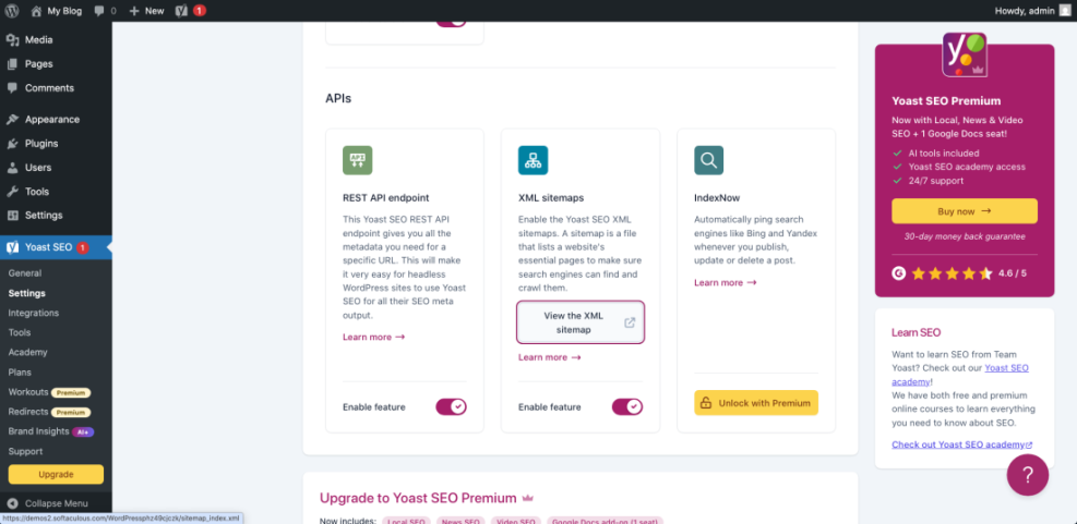 Yoast SEO plugin settings dashboard for XML sitemaps, REST API endpoint, and IndexNow integration in WordPress.