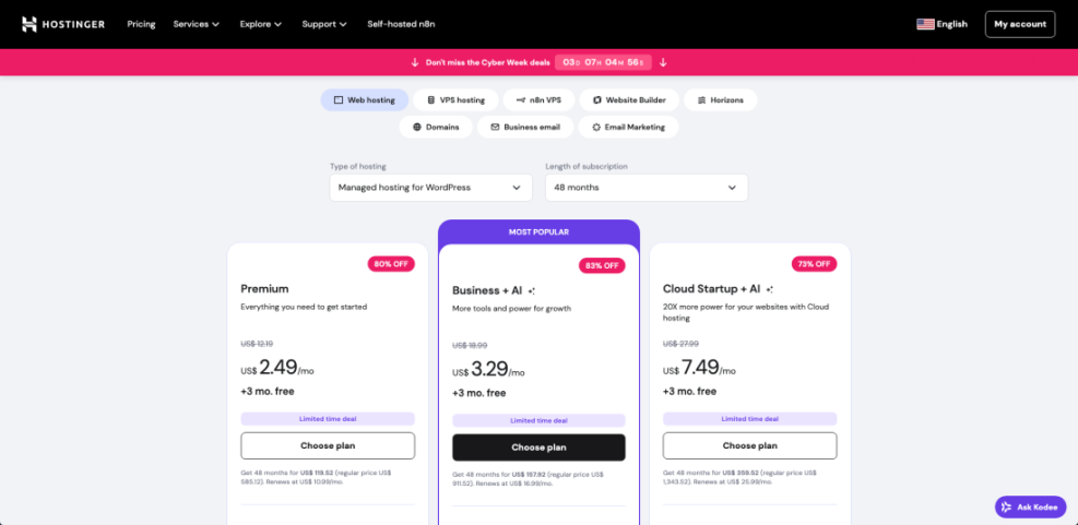 Hostinger WordPress hosting plans showing Premium, Business + AI, and Cloud Startup + AI options with discounted prices for creating a blog.