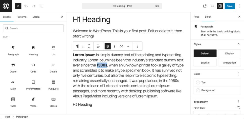 WordPress block editor (Gutenberg) interface, showcasing content blocks and settings for on-page SEO optimization.