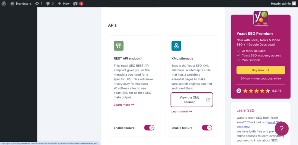 WordPress dashboard displaying Yoast SEO settings for REST API endpoint and XML sitemaps, crucial for optimizing a new WordPress blog.