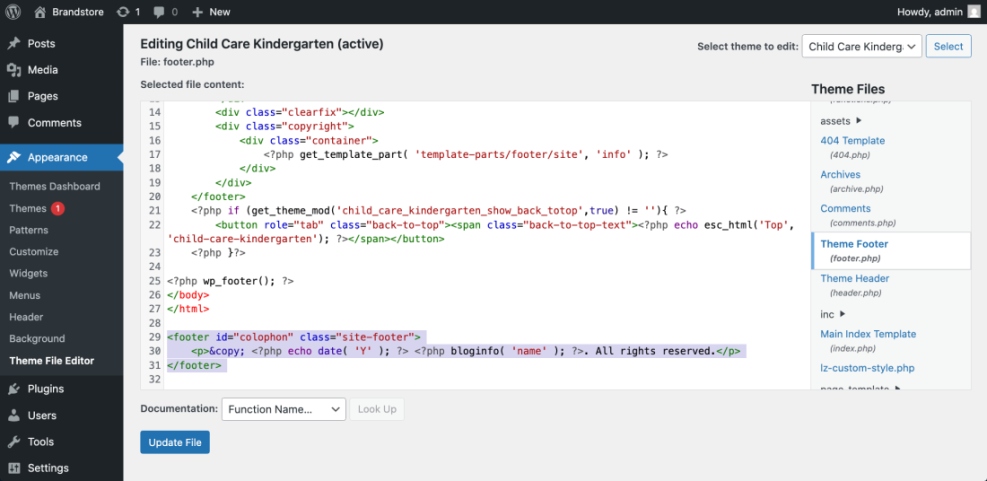 WordPress Theme File Editor showing `footer.php` with highlighted PHP code for copyright text. Guide to edit footer in WordPress.