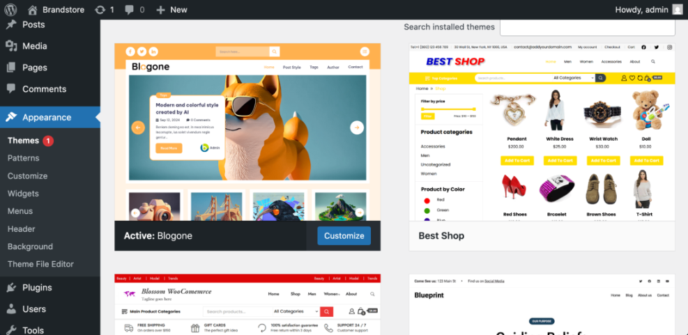WordPress admin dashboard displaying the Appearance > Themes section, highlighting active and available themes for footer customization and site design.