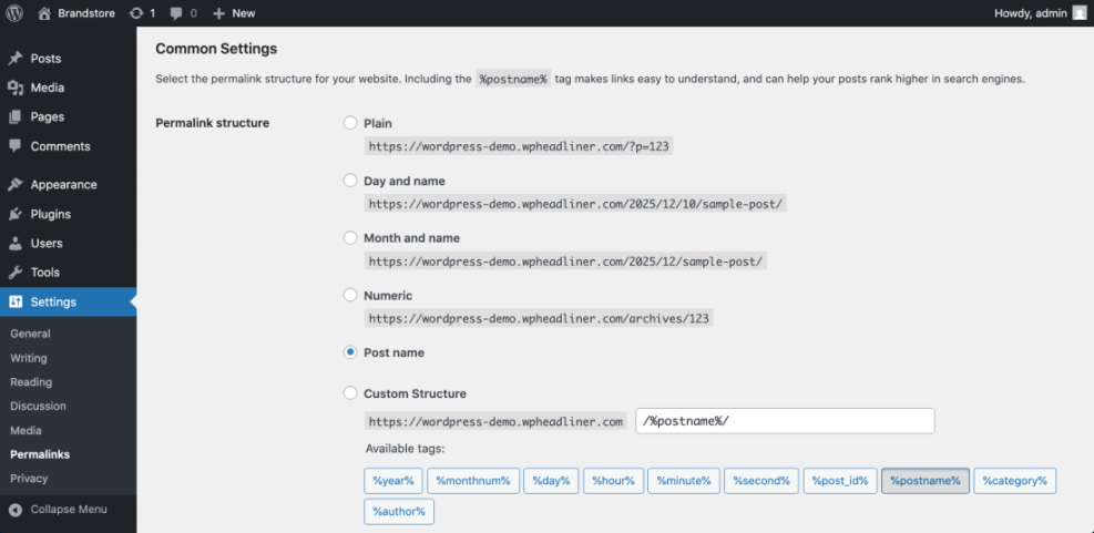 WordPress permalink settings page displaying various URL structures, with the SEO-friendly 'Post name' option selected.