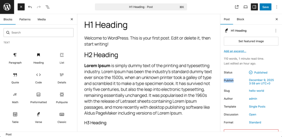 WordPress Gutenberg editor displaying a post with H1, H2 headings, text blocks, and post settings for on-page SEO.