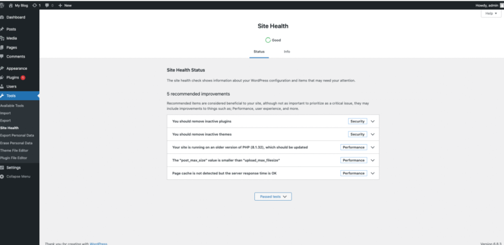 WordPress Site Health recommendations showing page cache not detected, inactive plugins, and PHP version updates for performance.
