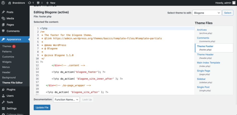 WordPress Theme File Editor displaying the footer.php file content, allowing users to edit the website footer code.