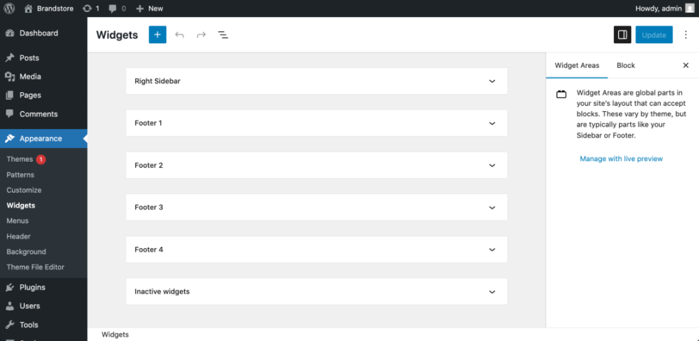 WordPress Widgets screen showing Footer 1, Footer 2, Footer 3, and Footer 4 widget areas to edit site footer content.