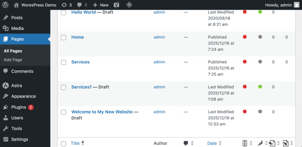 WordPress admin 'Pages' list showing 'Home' and 'Services' pages, essential for duplicating content within the dashboard.