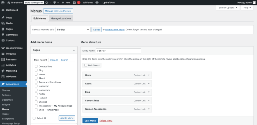 WordPress Menus screen demonstrating how to edit navigation links for a website, showing the 'For Her' menu and available pages.