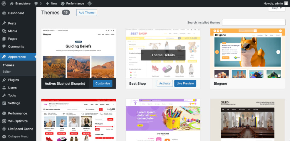 WordPress themes dashboard showing installed themes for a new WordPress website, including Bluehost Blueprint, Best Shop, and Blogone.