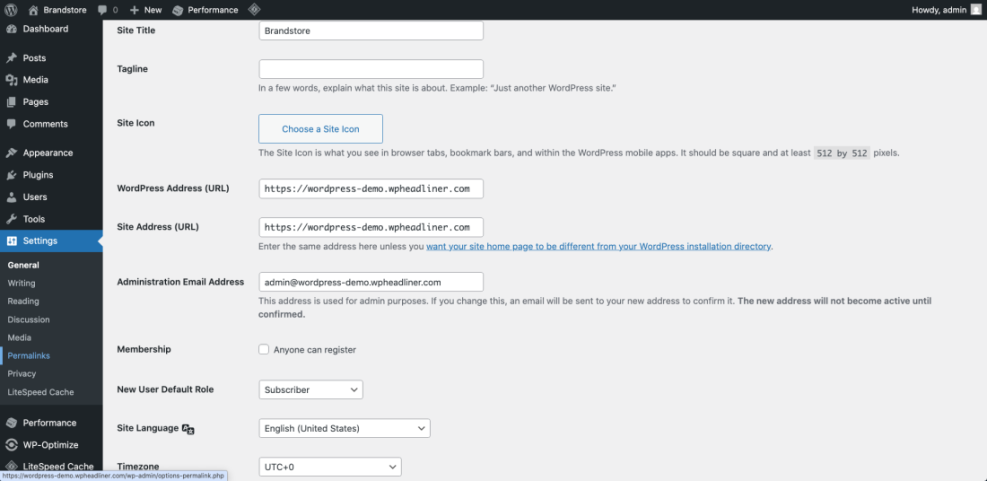 WordPress General Settings page showing site title, URLs, admin email, membership, and language settings for a new website.