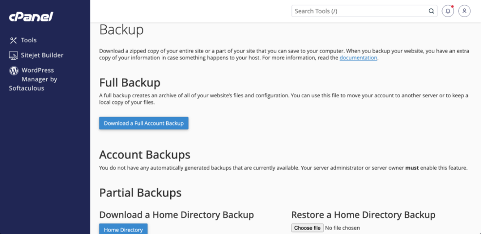 cPanel interface for full account and home directory backups, crucial steps for creating a safe WordPress staging site.