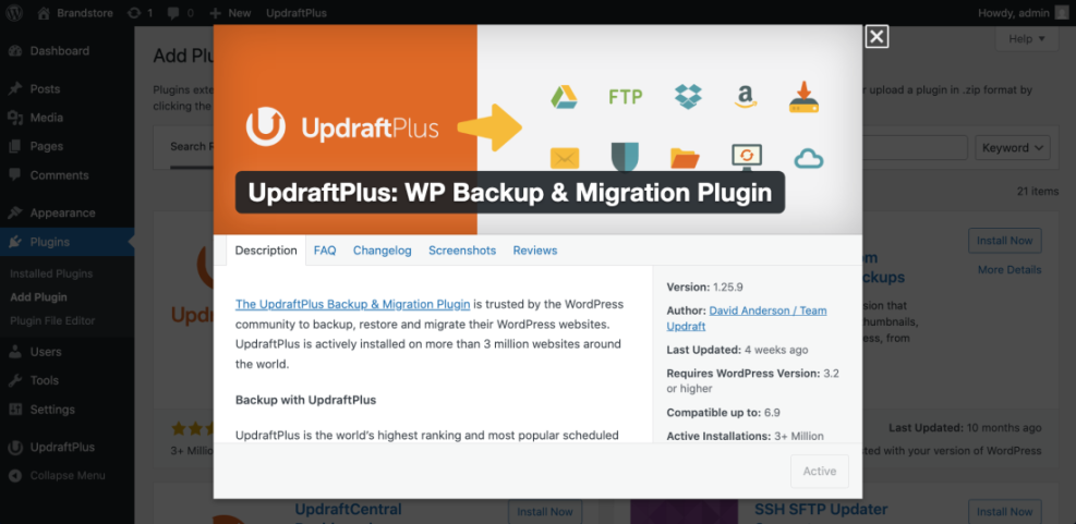 UpdraftPlus WordPress backup and migration plugin details in the admin dashboard, highlighting its features for creating a staging site.