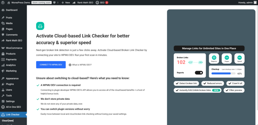 WordPress admin interface showing the WPMU DEV cloud-based Broken Link Checker plugin with 102 detected broken links.