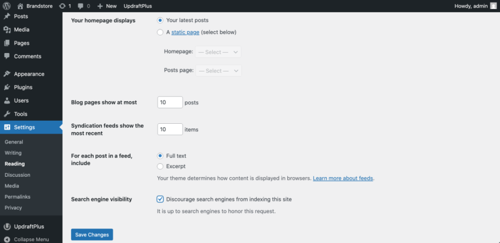 WordPress Reading settings to prevent search engine indexing, crucial for a staging site or development environment.
