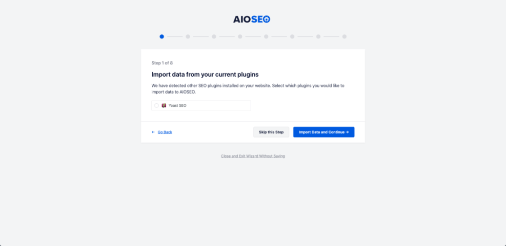 AIOSEO setup wizard importing data from Yoast SEO, showing the first step for WordPress SEO plugin migration.