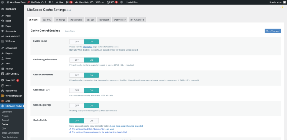 LiteSpeed Cache plugin settings in WordPress, showing cache control options enabled for logged-in users, commenters, REST API, login page, and mobile to optimize site speed and improve WordPress SEO.