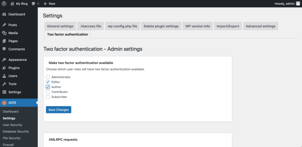 WordPress two-factor authentication admin settings in AIOS, showing checkboxes to enable 2FA for Editor and Author user roles.