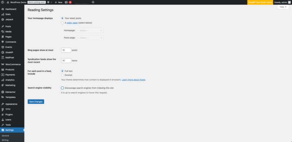 WordPress Reading Settings page displaying options for homepage content, post pagination, and search engine visibility crucial for SEO.