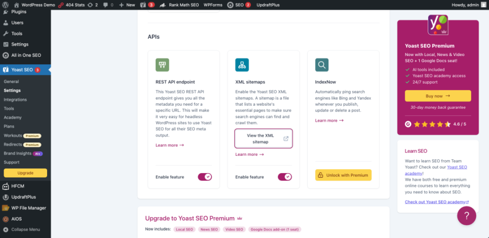 Yoast SEO settings page in WordPress showing API, XML sitemaps, and IndexNow options, along with premium upgrade features.