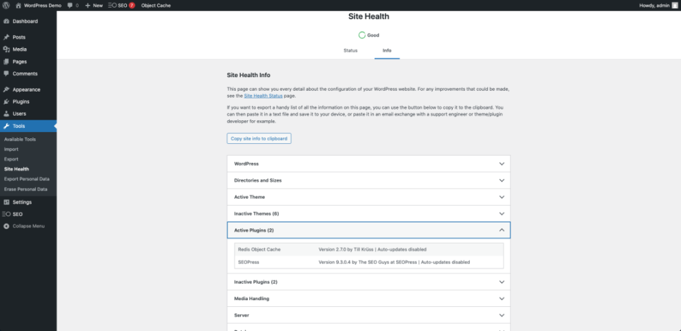 WordPress Site Health info displaying active plugins, specifically Redis Object Cache version 2.7.0 and SEOPress plugin details.