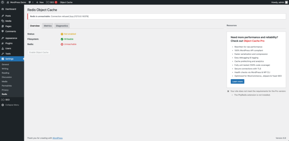 WordPress Redis object cache settings showing "Redis is unreachable" and "Not enabled" status, highlighting a connection error and missing PhpRedis extension.