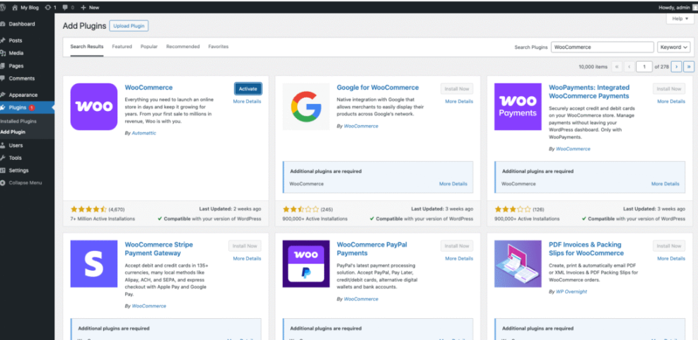 WordPress 'Add Plugins' screen displaying WooCommerce and related e-commerce solutions, ideal for setting up an Etsy alternative store.