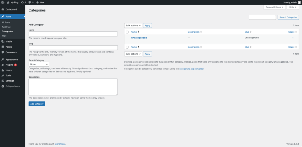WordPress Categories admin screen showing how to add and manage post categories, including name, slug, and parent category fields.