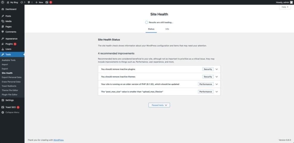 WordPress Site Health dashboard displaying recommended improvements for security and performance, such as updating PHP and managing plugins and themes.