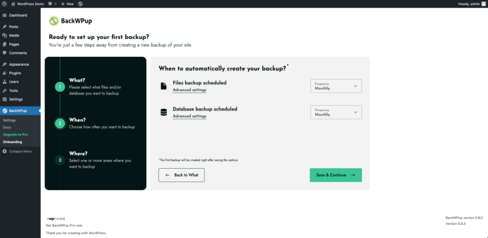 WordPress BackWPup plugin interface for scheduling automated website backups. Shows options to set monthly frequency for files and database backups within a maintenance plan.
