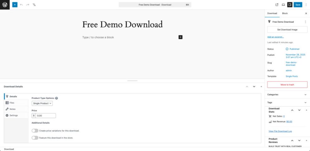 Easy Digital Downloads WordPress editor displaying download details for a 'Free Demo Download', including product type, price, and publishing settings to sell digital products.