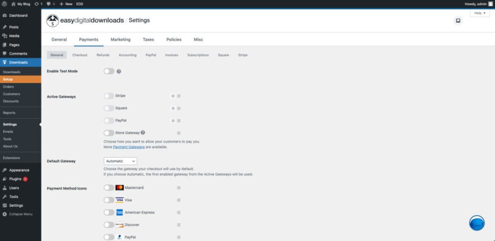 Easy Digital Downloads (EDD) payment settings screen showing active gateways like Stripe and PayPal, and payment method icons.