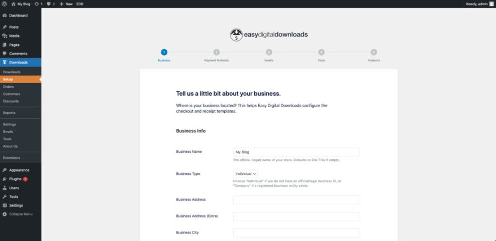Easy Digital Downloads setup wizard business information form in WordPress, guiding users to sell digital products.
