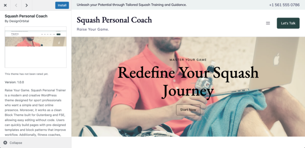 Free WordPress theme 'Squash Personal Coach' by DesignOrbital shown in the WordPress admin interface and as a live demo preview.