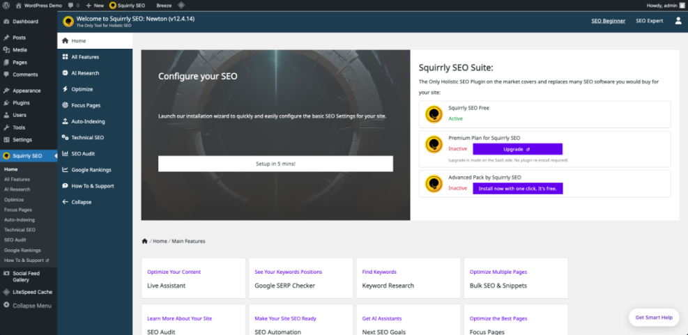Squirrly SEO plugin dashboard on WordPress showing the setup wizard, suite plans, and key SEO features like keyword research and content optimization.
