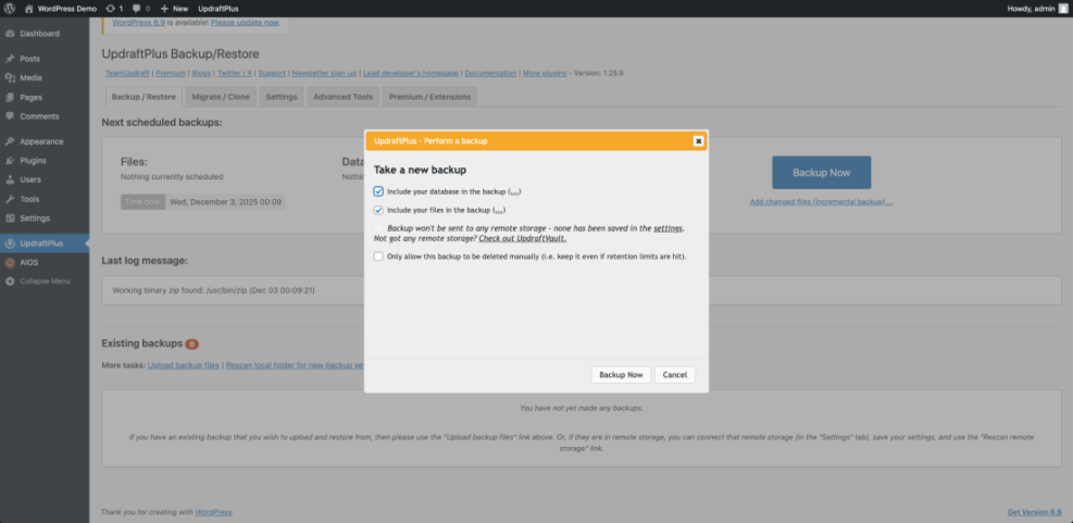 UpdraftPlus plugin showing a 'Perform a backup' dialog within the WordPress admin dashboard, ready to start a full site backup including database and files.