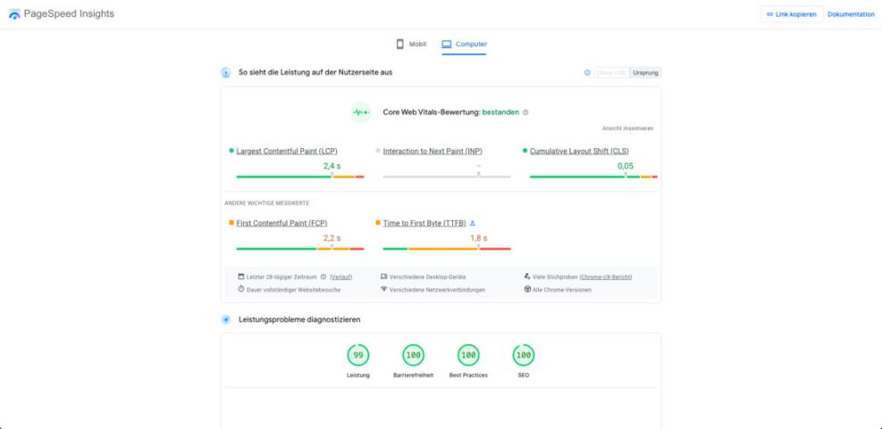 WooCommerce optimization results: Google PageSpeed Insights desktop report with 99 performance, green Core Web Vitals, and 100 SEO score.