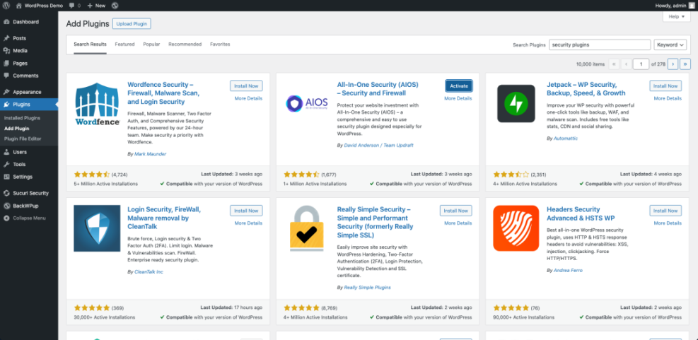 WordPress Add Plugins screen displaying search results for 'security plugins,' showing options like Wordfence, All-in-One Security (AIOS), and Jetpack.