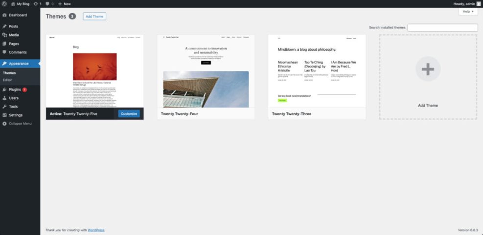 WordPress admin dashboard, Themes section with active Twenty Twenty-Five theme. Manage site appearance or troubleshoot WordPress migration issues.