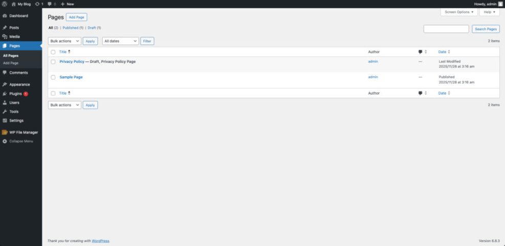 WordPress dashboard Pages screen showing published and draft pages, essential for managing internal links and site structure.