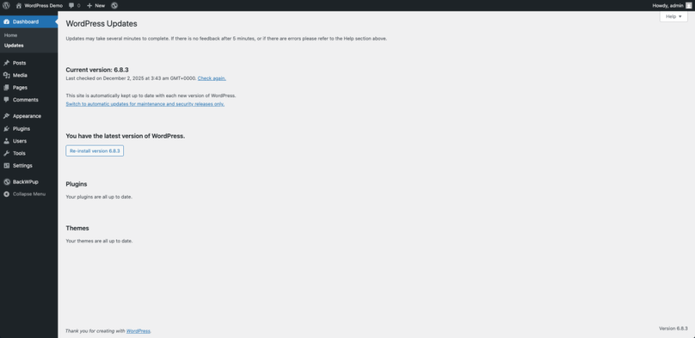 WordPress Updates screen showing current version 6.8.3, confirming plugins and themes are all up to date for maintenance.