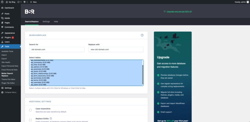 WordPress Better Search Replace plugin showing how to update old domain links to new domain links in database tables, a common fix for WordPress migration errors.