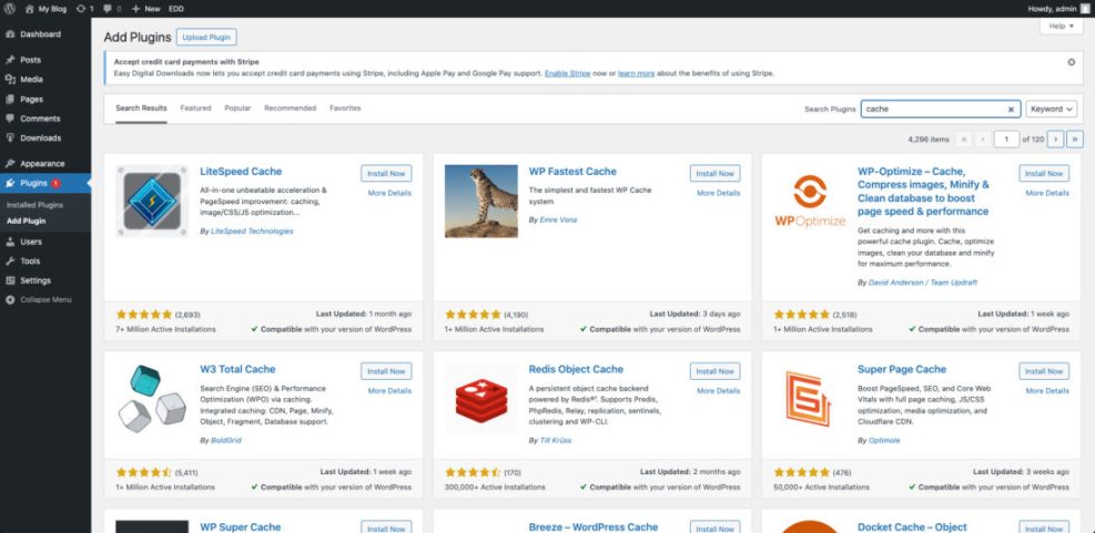 WordPress Add Plugins screen showing a search for 'cache' plugins, including LiteSpeed Cache, WP Fastest Cache, and WP-Optimize for speed optimization.