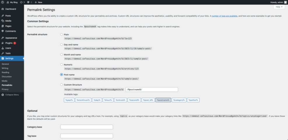 WordPress Permalink Settings page showing 'Post name' selected, a key step for SEO and fixing broken links after migration.