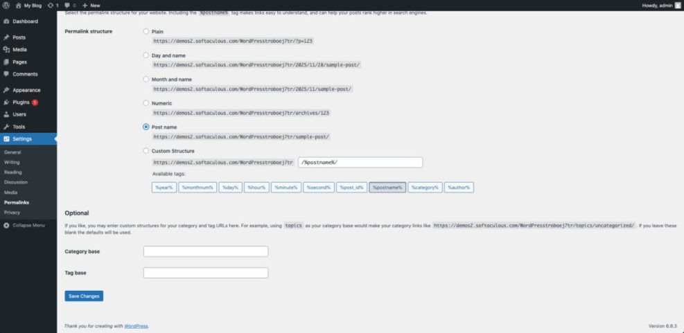 WordPress Permalinks Settings page displaying the 'Post name' option selected for SEO-friendly URL structures.