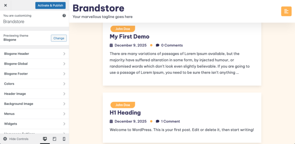 WordPress theme customizer with Blogone theme activated, showing customization options on the left and a blog post layout preview.