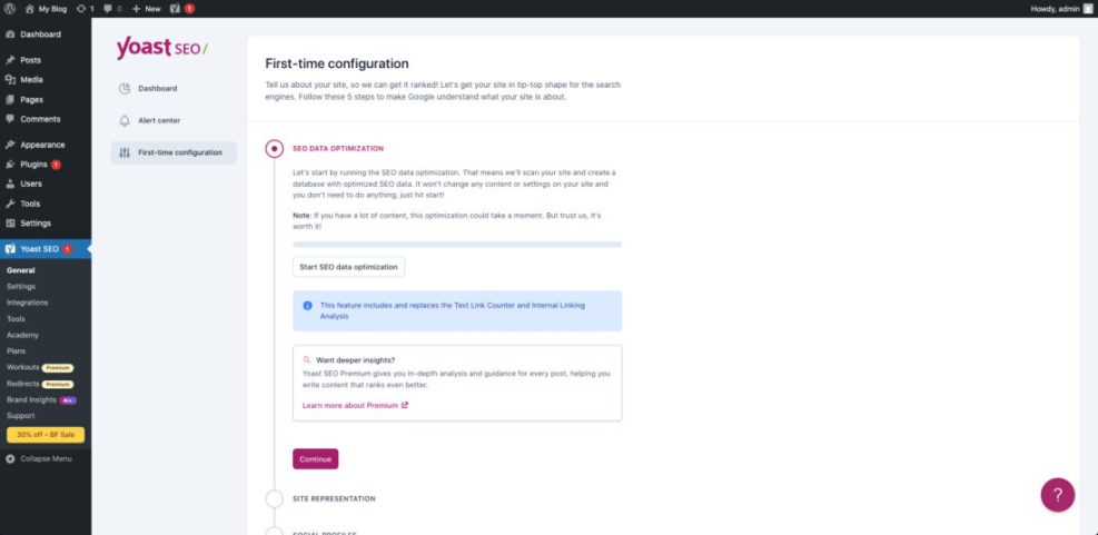 WordPress Yoast SEO setup wizard's first-time configuration, showing the SEO data optimization step for new blogs.
