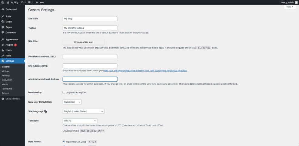 Screenshot of WordPress General Settings dashboard, displaying site title, URLs, administration email, and user role configuration.